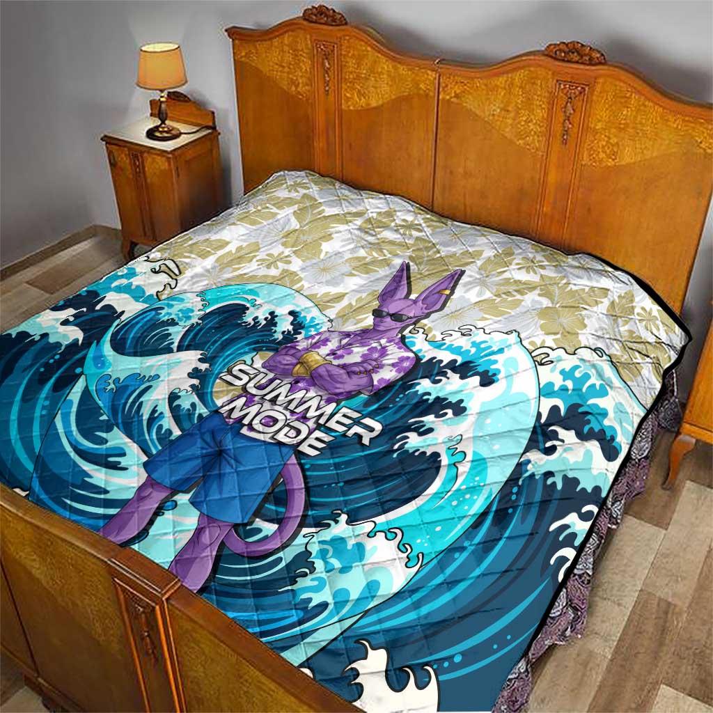 Beerus Dragon Ball Summer Theme Quilt with Floral Shirt Sunglasses Shenron and Ocean Wave Background - The Mazicc