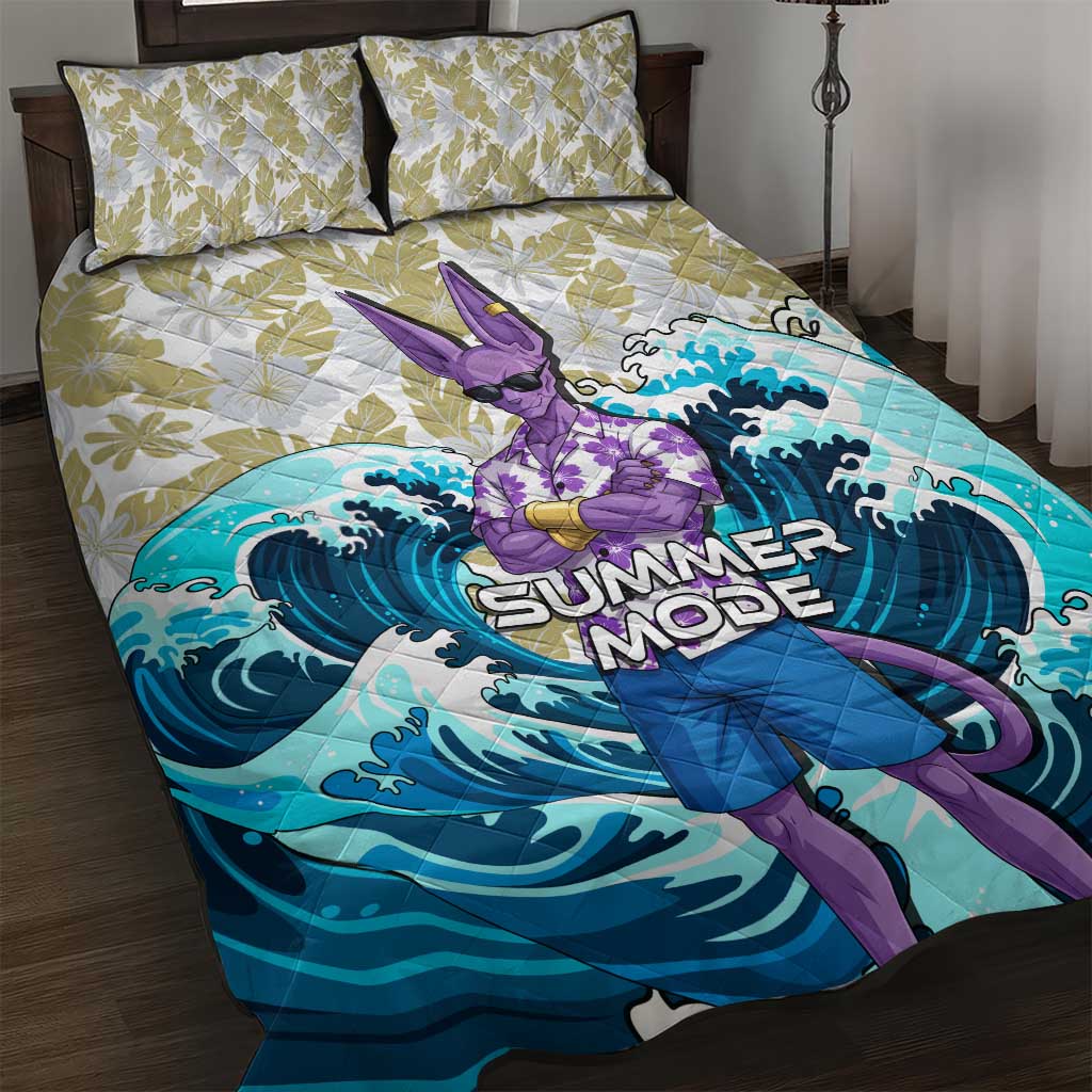 Beerus Dragon Ball Summer Theme Quilt Bed Set with Floral Shirt Sunglasses Shenron and Ocean Wave Background - The Mazicc