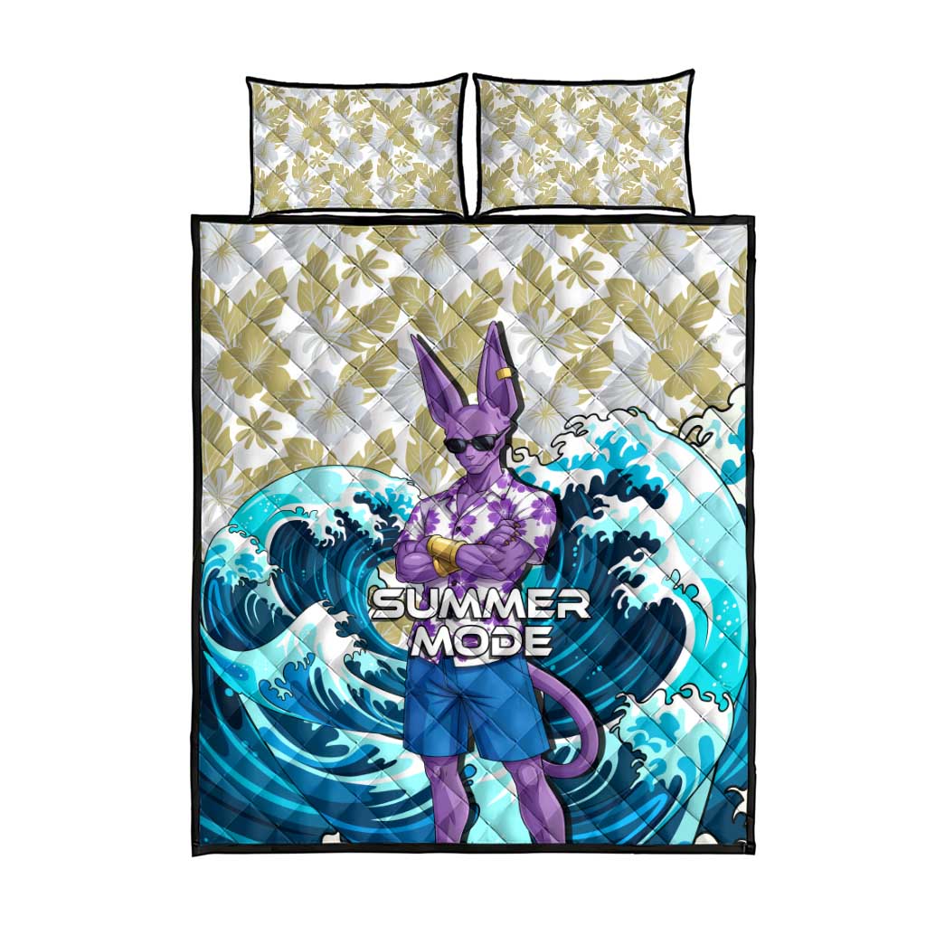 Beerus Dragon Ball Summer Theme Quilt Bed Set with Floral Shirt Sunglasses Shenron and Ocean Wave Background - The Mazicc