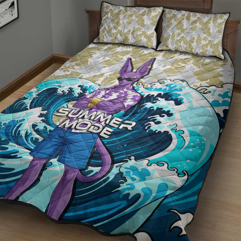 Beerus Dragon Ball Summer Theme Quilt Bed Set with Floral Shirt Sunglasses Shenron and Ocean Wave Background - The Mazicc