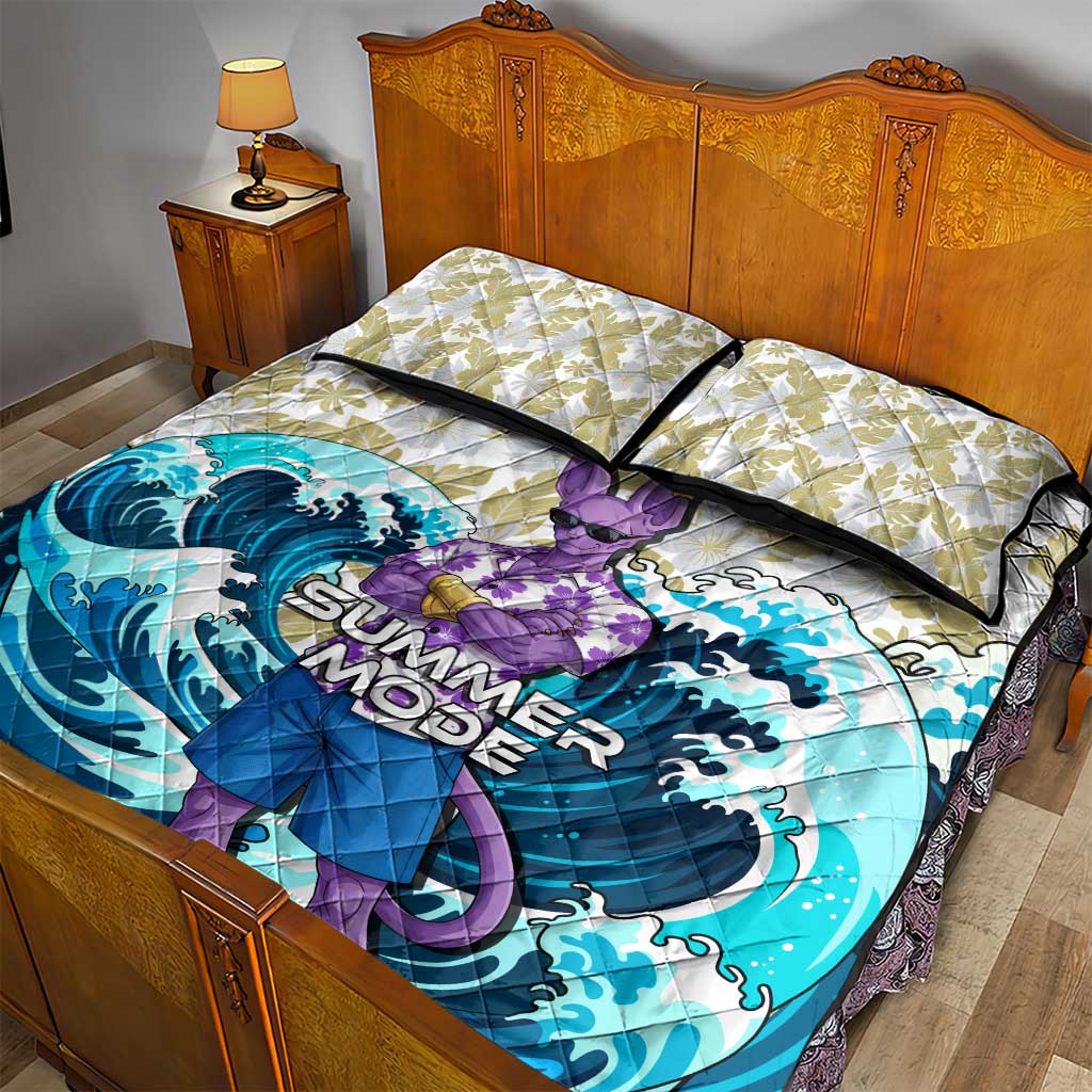 Beerus Dragon Ball Summer Theme Quilt Bed Set with Floral Shirt Sunglasses Shenron and Ocean Wave Background - The Mazicc