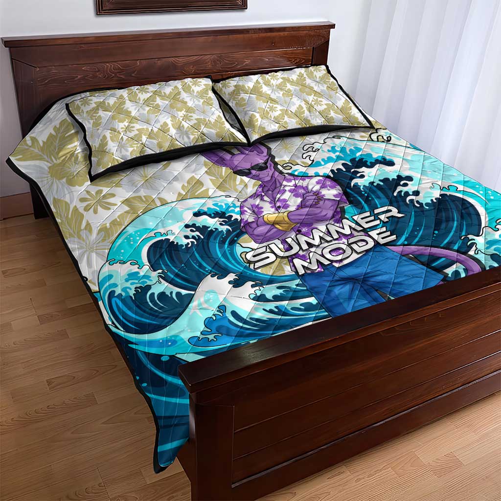 Beerus Dragon Ball Summer Theme Quilt Bed Set with Floral Shirt Sunglasses Shenron and Ocean Wave Background - The Mazicc