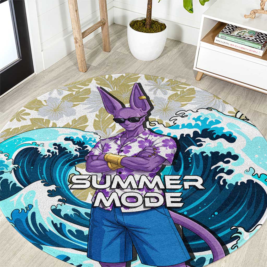 Beerus Dragon Ball Summer Theme Round Carpet with Floral Shirt Sunglasses Shenron and Ocean Wave Background - The Mazicc