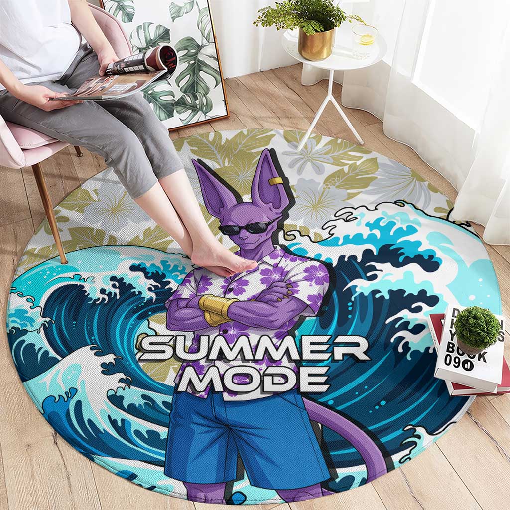 Beerus Dragon Ball Summer Theme Round Carpet with Floral Shirt Sunglasses Shenron and Ocean Wave Background - The Mazicc