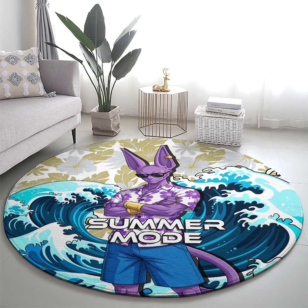 Beerus Dragon Ball Summer Theme Round Carpet with Floral Shirt Sunglasses Shenron and Ocean Wave Background - The Mazicc