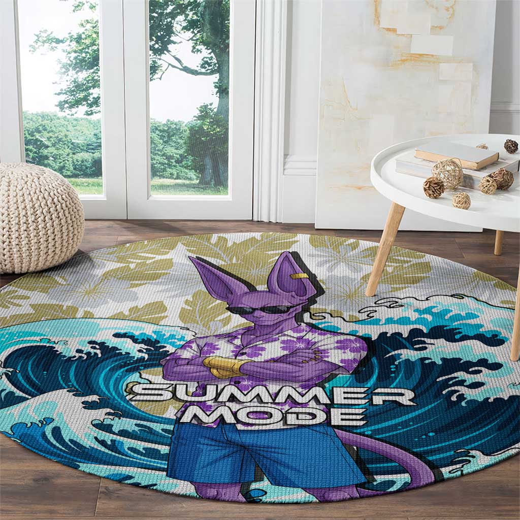 Beerus Dragon Ball Summer Theme Round Carpet with Floral Shirt Sunglasses Shenron and Ocean Wave Background - The Mazicc