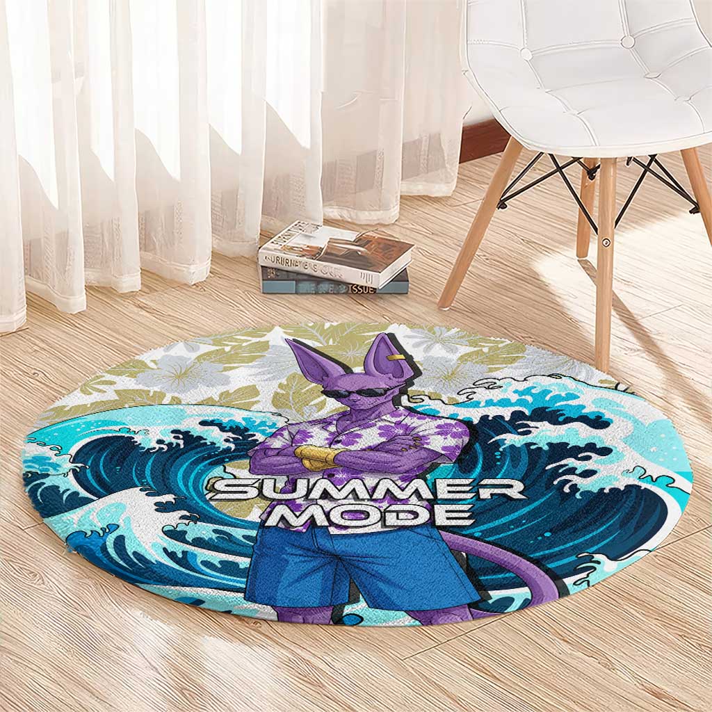 Beerus Dragon Ball Summer Theme Round Carpet with Floral Shirt Sunglasses Shenron and Ocean Wave Background - The Mazicc