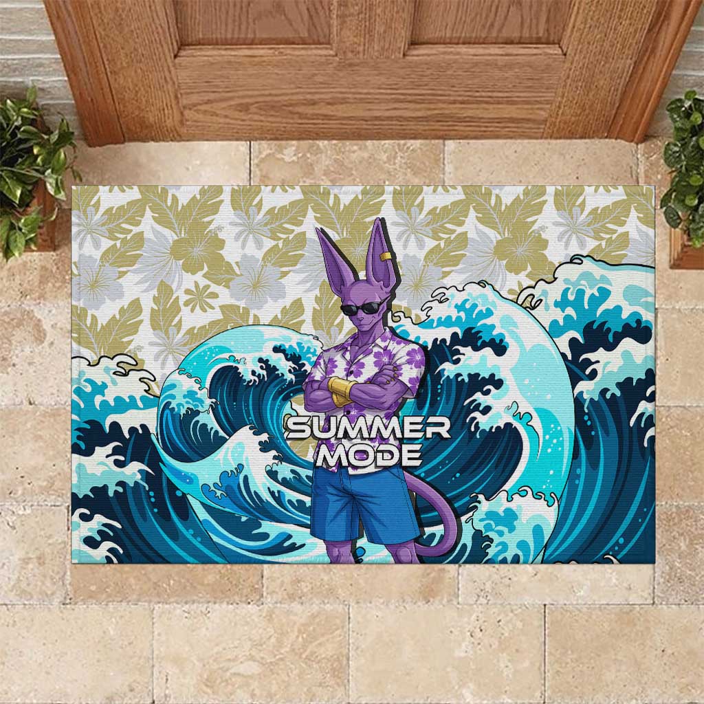 Beerus Dragon Ball Summer Theme Rubber Doormat with Floral Shirt Sunglasses Shenron and Ocean Wave Background - The Mazicc