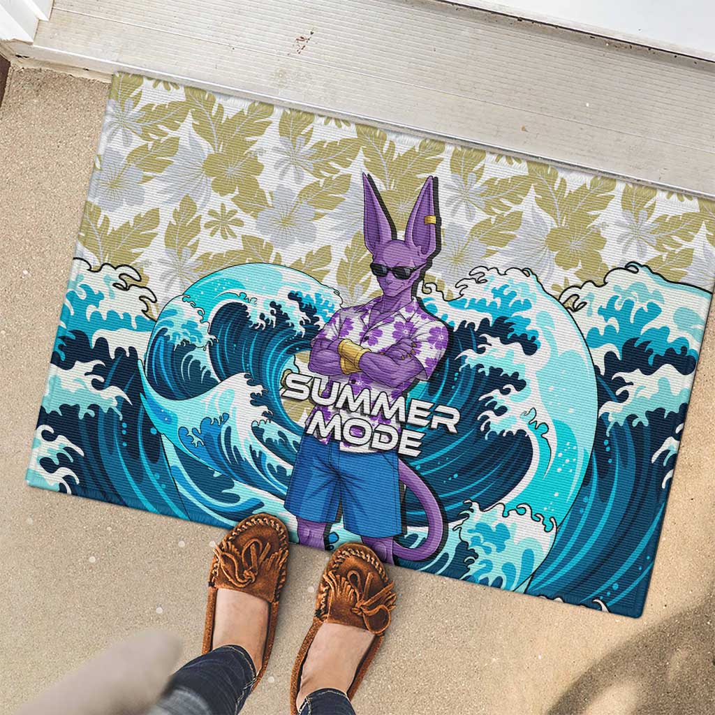Beerus Dragon Ball Summer Theme Rubber Doormat with Floral Shirt Sunglasses Shenron and Ocean Wave Background - The Mazicc