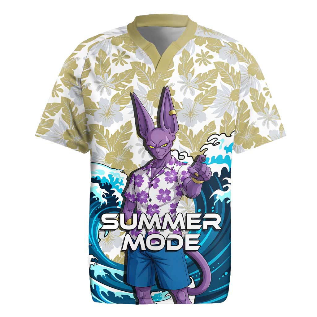 Beerus Dragon Ball Summer Theme Rugby Jersey with Floral Shirt Sunglasses Shenron and Ocean Wave Background - The Mazicc