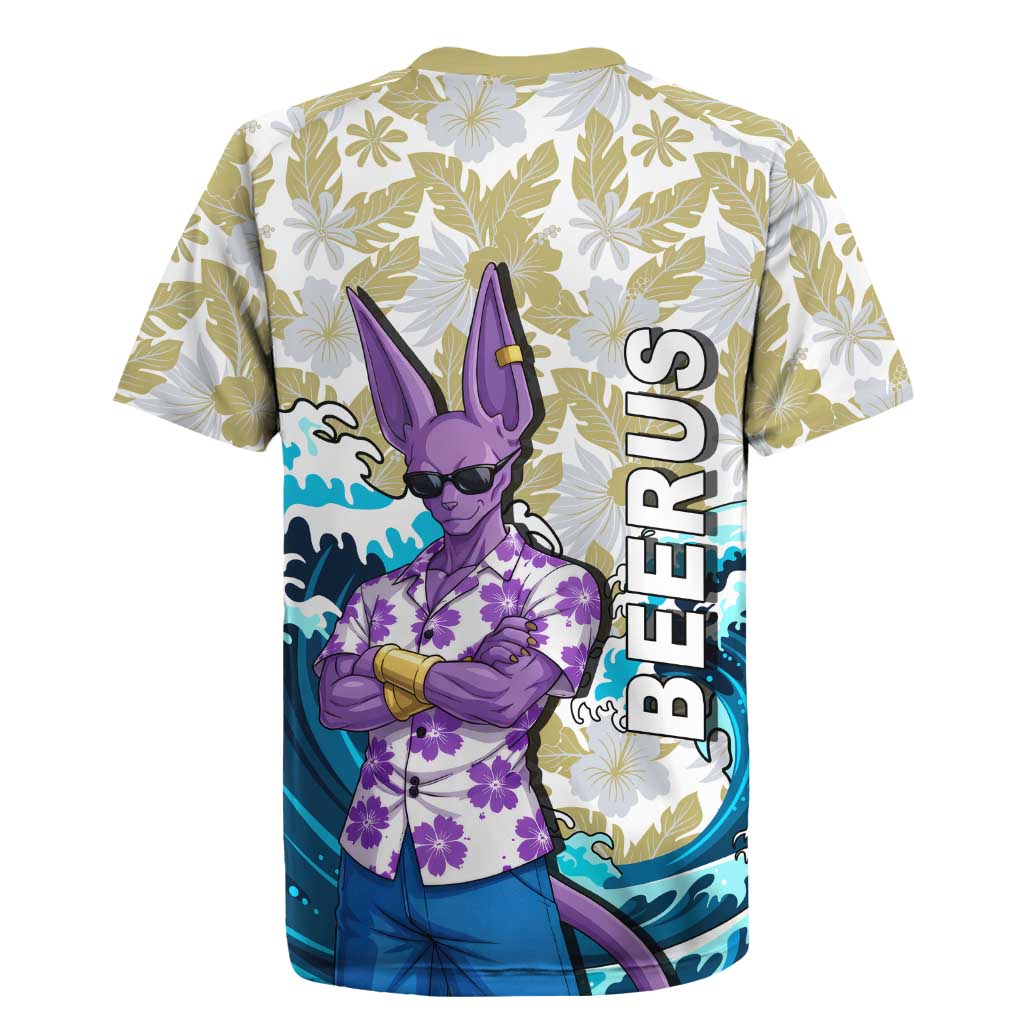 Beerus Dragon Ball Summer Theme Rugby Jersey with Floral Shirt Sunglasses Shenron and Ocean Wave Background - The Mazicc