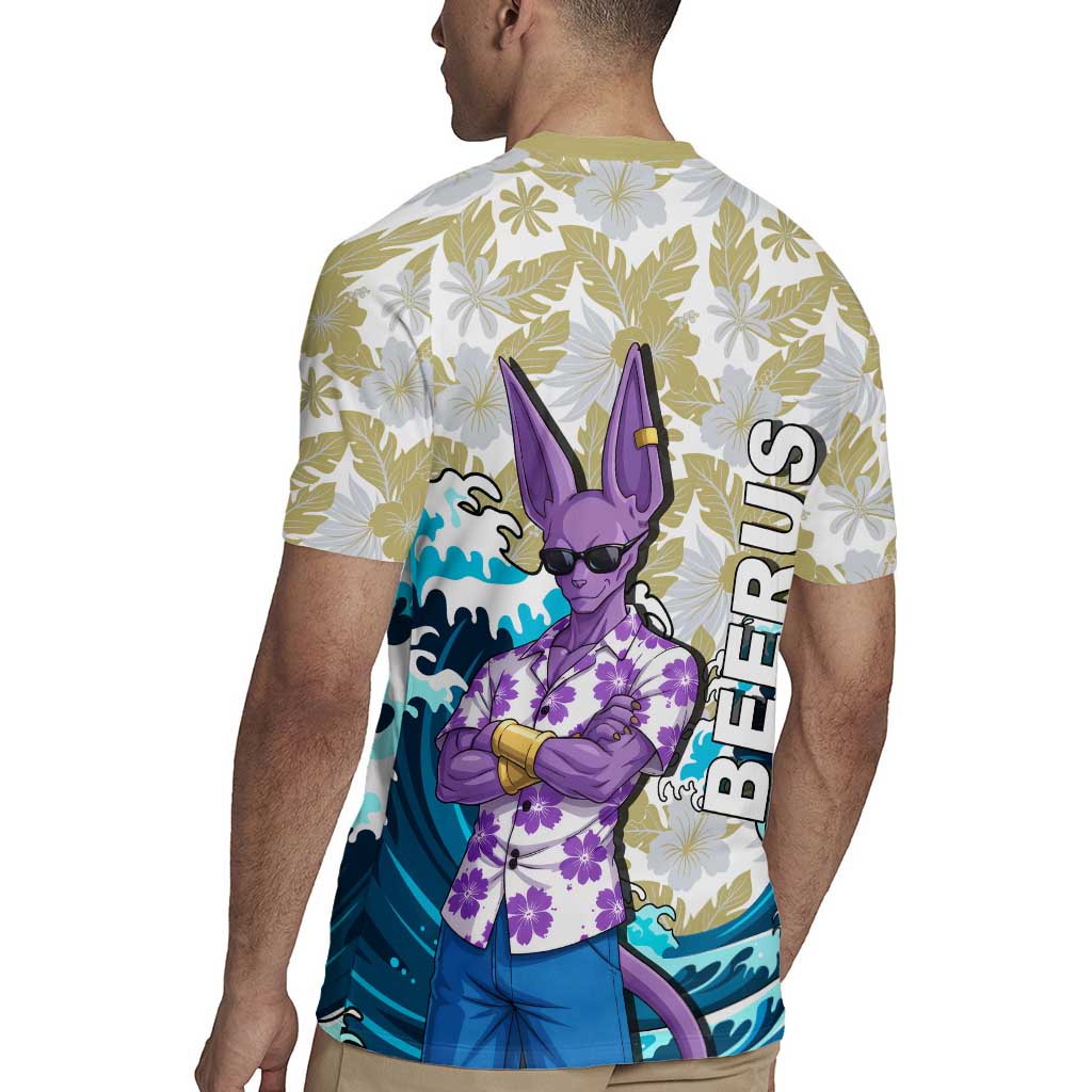 Beerus Dragon Ball Summer Theme Rugby Jersey with Floral Shirt Sunglasses Shenron and Ocean Wave Background - The Mazicc