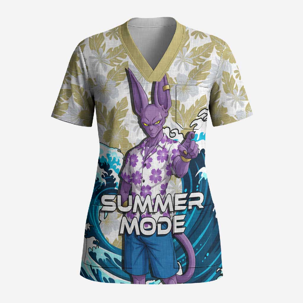 Beerus Dragon Ball Summer Theme Scrub Top with Floral Shirt Sunglasses Shenron and Ocean Wave Background - The Mazicc