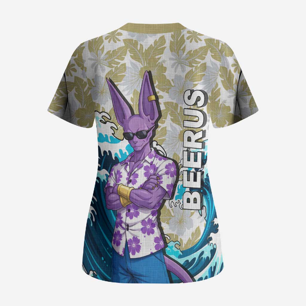 Beerus Dragon Ball Summer Theme Scrub Top with Floral Shirt Sunglasses Shenron and Ocean Wave Background - The Mazicc