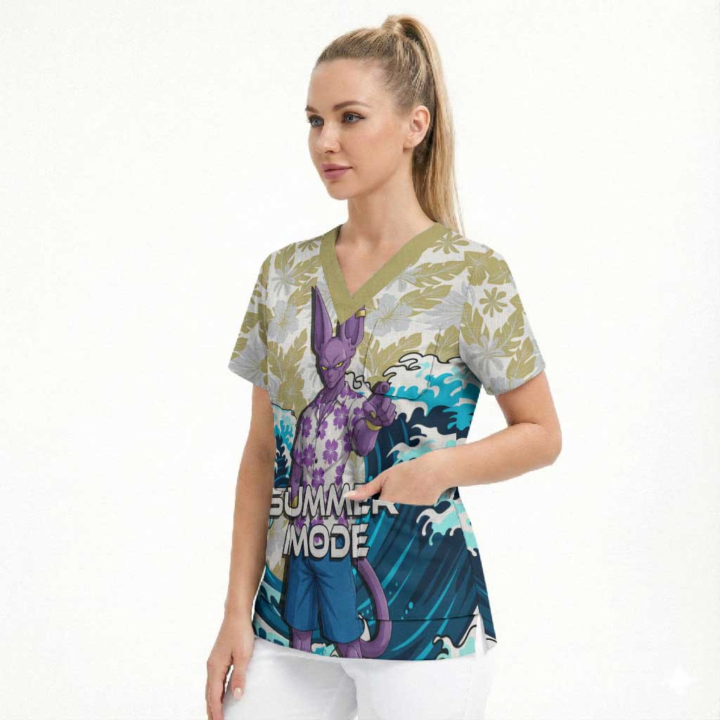 Beerus Dragon Ball Summer Theme Scrub Top with Floral Shirt Sunglasses Shenron and Ocean Wave Background - The Mazicc
