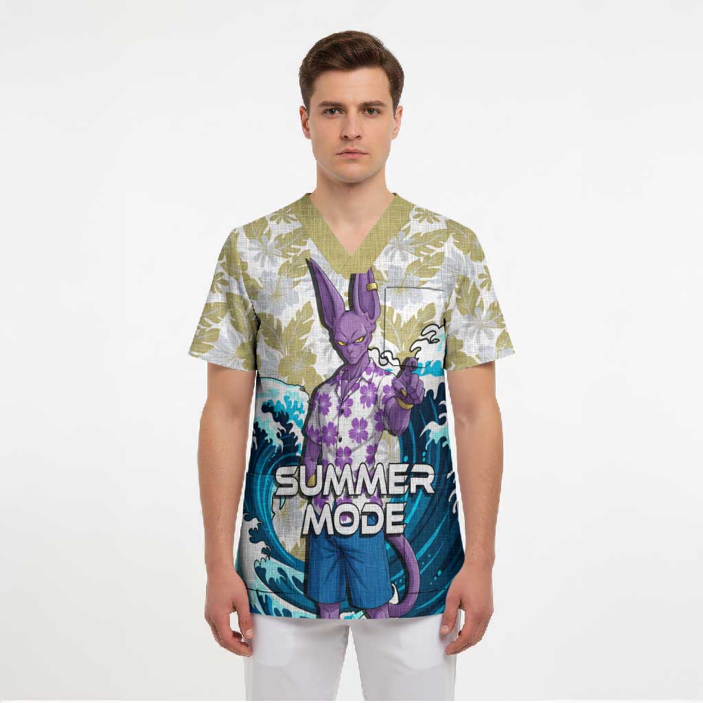 Beerus Dragon Ball Summer Theme Scrub Top with Floral Shirt Sunglasses Shenron and Ocean Wave Background - The Mazicc