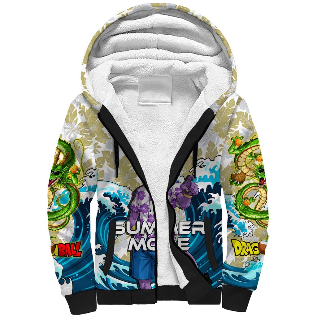 Beerus Dragon Ball Summer Theme Sherpa Hoodie with Floral Shirt Sunglasses Shenron and Ocean Wave Background - The Mazicc