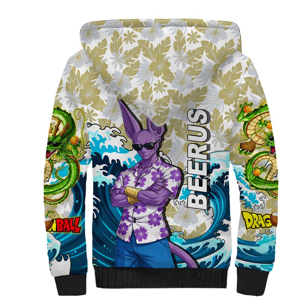 Beerus Dragon Ball Summer Theme Sherpa Hoodie with Floral Shirt Sunglasses Shenron and Ocean Wave Background - The Mazicc