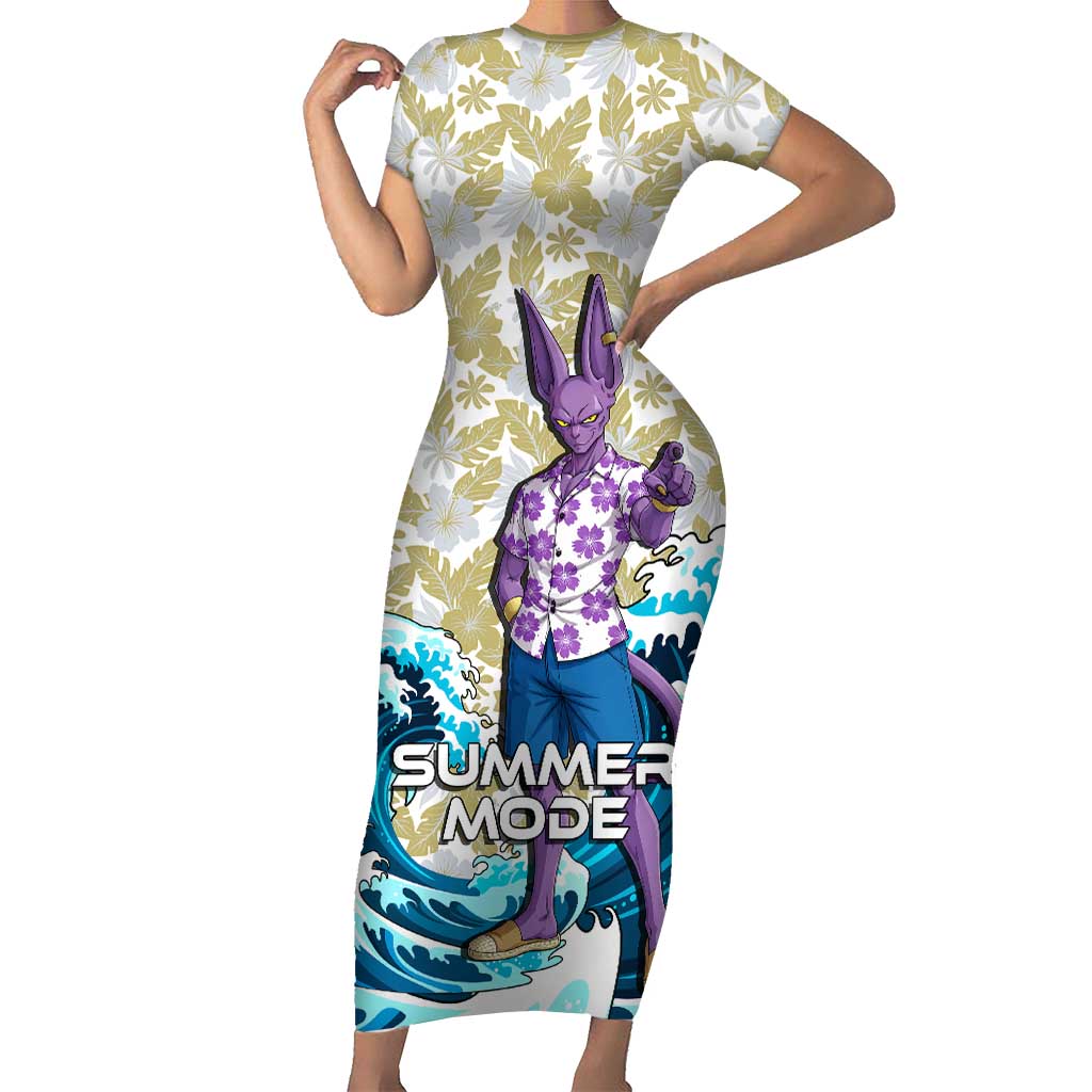 Beerus Dragon Ball Summer Theme Short Sleeve Bodycon Dress with Floral Shirt Sunglasses Shenron and Ocean Wave Background - The Mazicc
