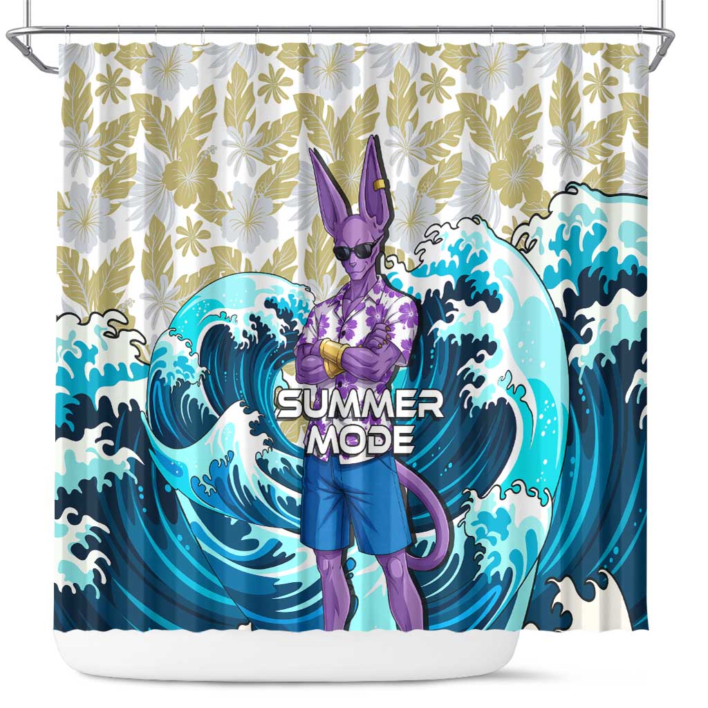 Beerus Dragon Ball Summer Theme Shower Curtain with Floral Shirt Sunglasses Shenron and Ocean Wave Background - The Mazicc
