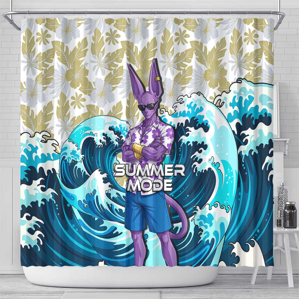 Beerus Dragon Ball Summer Theme Shower Curtain with Floral Shirt Sunglasses Shenron and Ocean Wave Background - The Mazicc