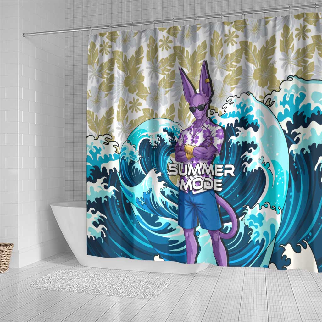 Beerus Dragon Ball Summer Theme Shower Curtain with Floral Shirt Sunglasses Shenron and Ocean Wave Background - The Mazicc