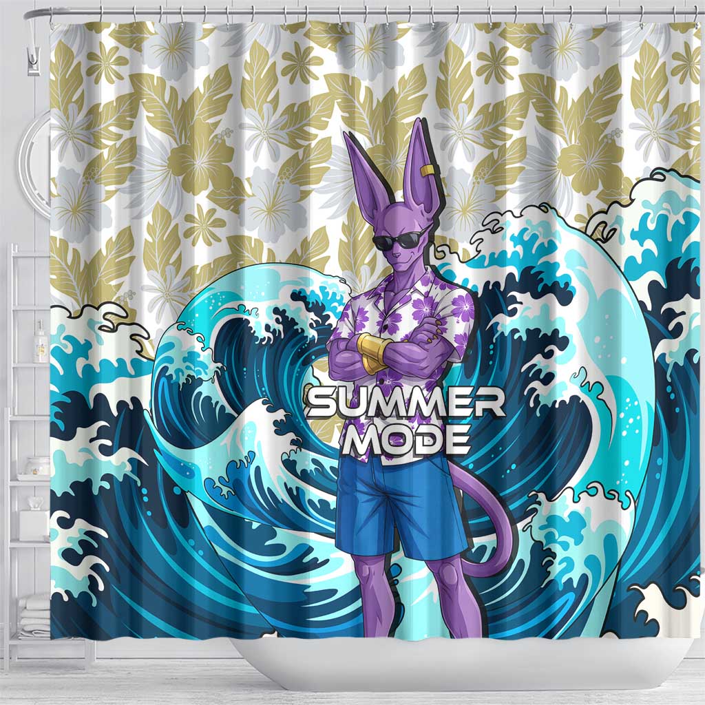 Beerus Dragon Ball Summer Theme Shower Curtain with Floral Shirt Sunglasses Shenron and Ocean Wave Background - The Mazicc