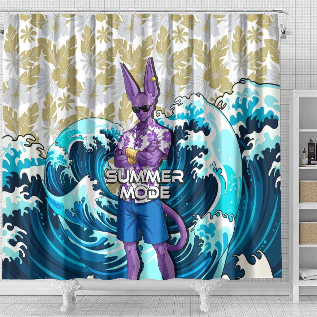 Beerus Dragon Ball Summer Theme Shower Curtain with Floral Shirt Sunglasses Shenron and Ocean Wave Background - The Mazicc