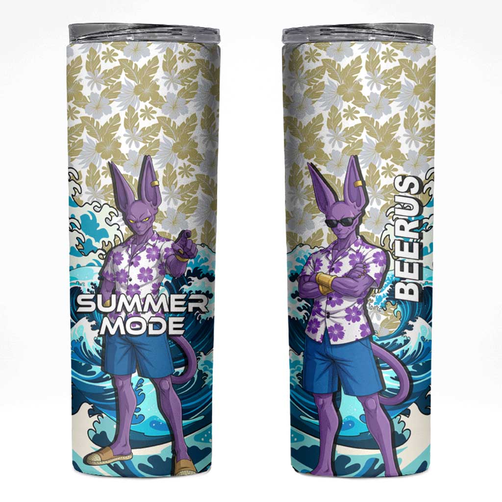 Beerus Dragon Ball Summer Theme Skinny Tumbler with Floral Shirt Sunglasses Shenron and Ocean Wave Background - The Mazicc