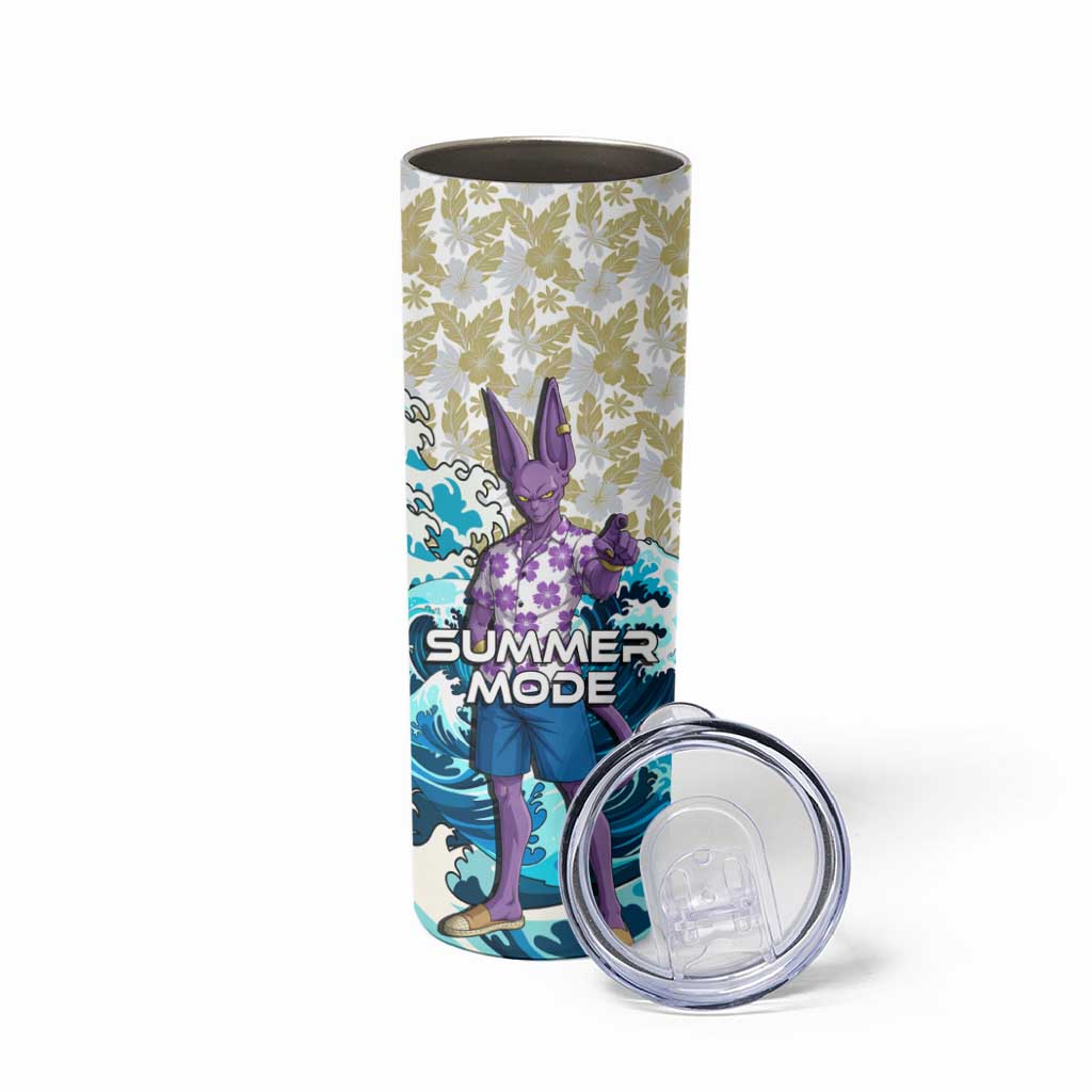 Beerus Dragon Ball Summer Theme Skinny Tumbler with Floral Shirt Sunglasses Shenron and Ocean Wave Background - The Mazicc