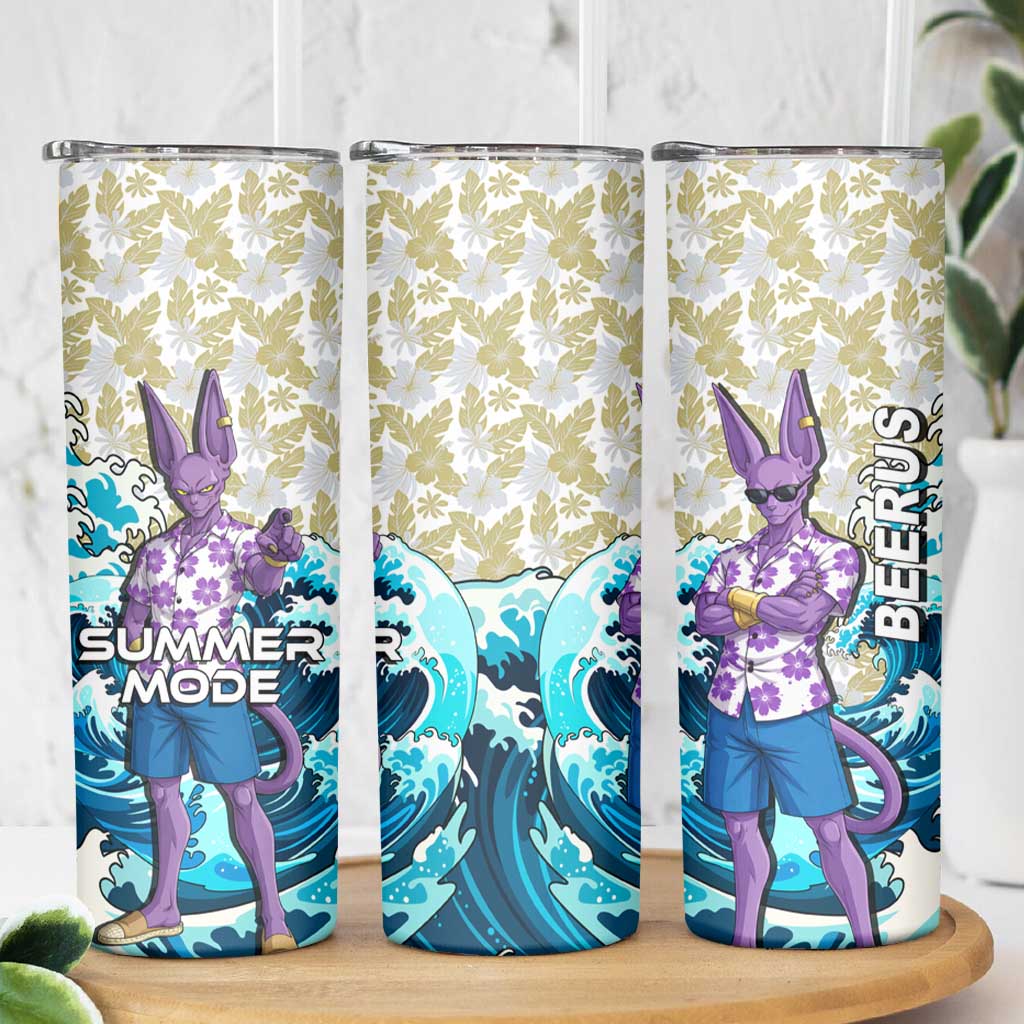 Beerus Dragon Ball Summer Theme Skinny Tumbler with Floral Shirt Sunglasses Shenron and Ocean Wave Background - The Mazicc