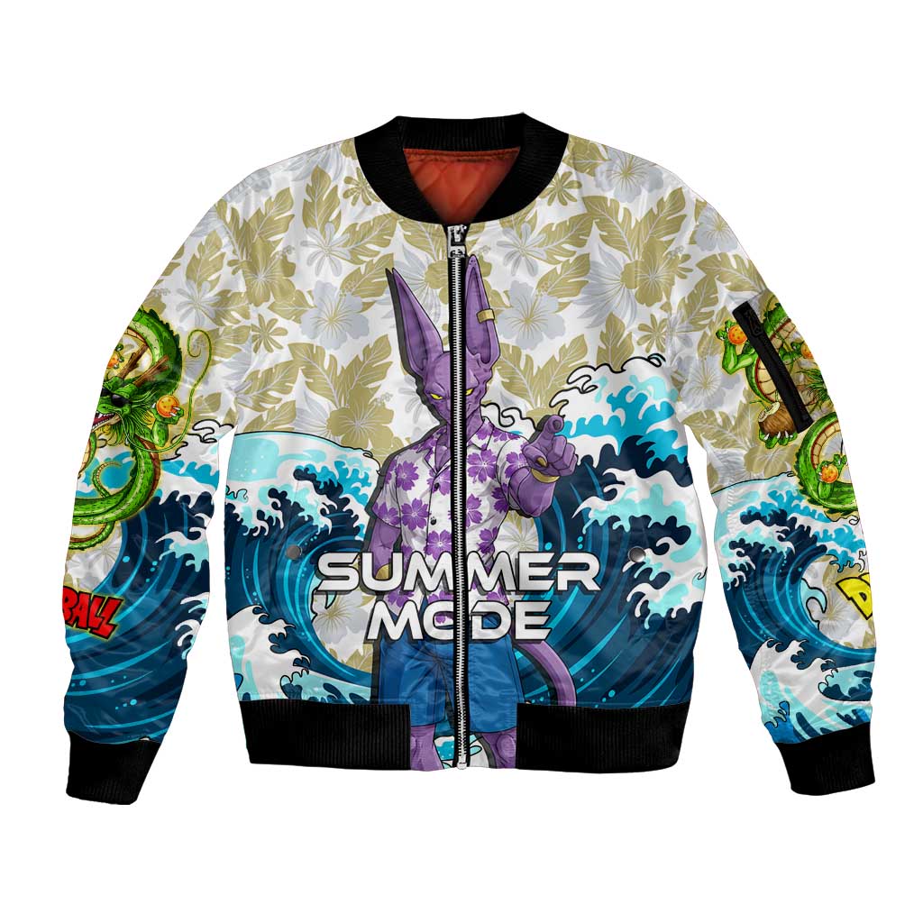 Beerus Dragon Ball Summer Theme Sleeve Zip Bomber Jacket with Floral Shirt Sunglasses Shenron and Ocean Wave Background - The Mazicc