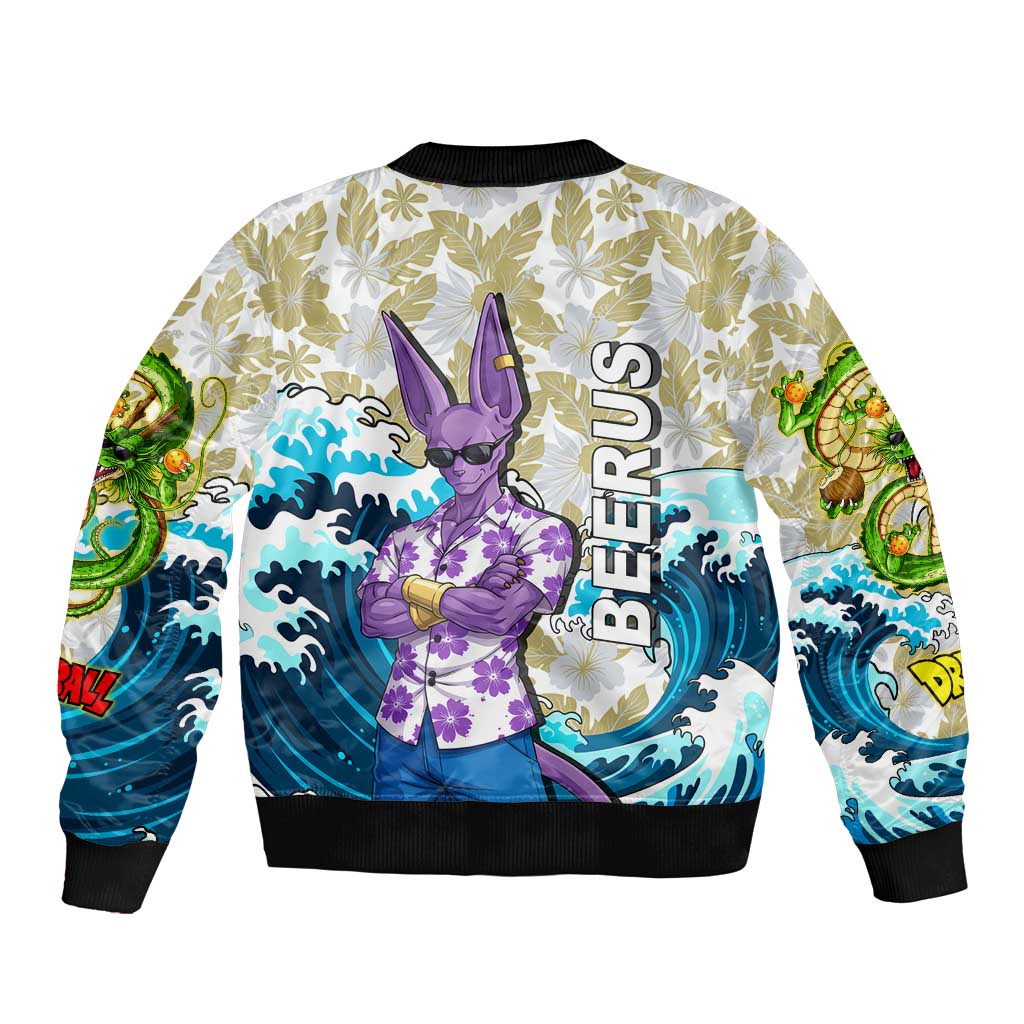 Beerus Dragon Ball Summer Theme Sleeve Zip Bomber Jacket with Floral Shirt Sunglasses Shenron and Ocean Wave Background - The Mazicc
