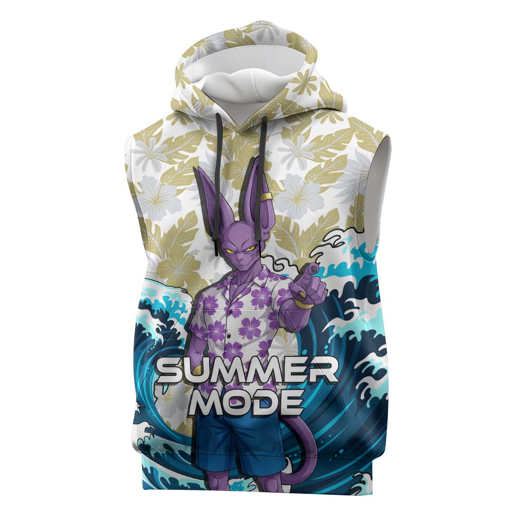 Beerus Dragon Ball Summer Theme Sleeveless Hoodie with Floral Shirt Sunglasses Shenron and Ocean Wave Background - The Mazicc