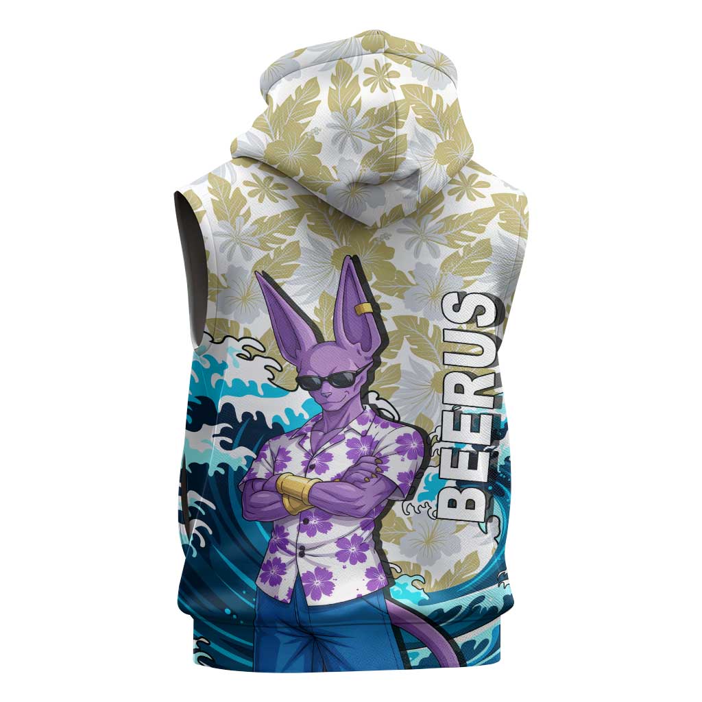 Beerus Dragon Ball Summer Theme Sleeveless Hoodie with Floral Shirt Sunglasses Shenron and Ocean Wave Background - The Mazicc