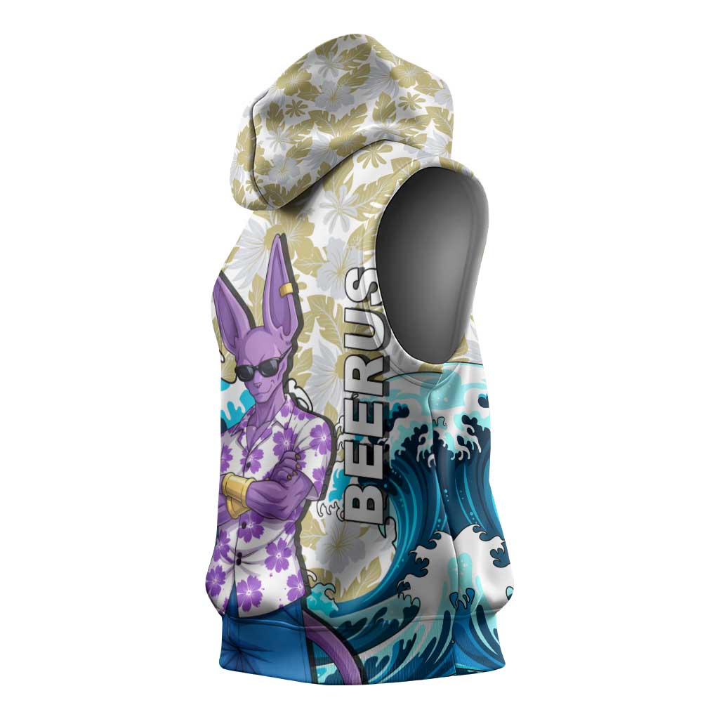 Beerus Dragon Ball Summer Theme Sleeveless Hoodie with Floral Shirt Sunglasses Shenron and Ocean Wave Background - The Mazicc