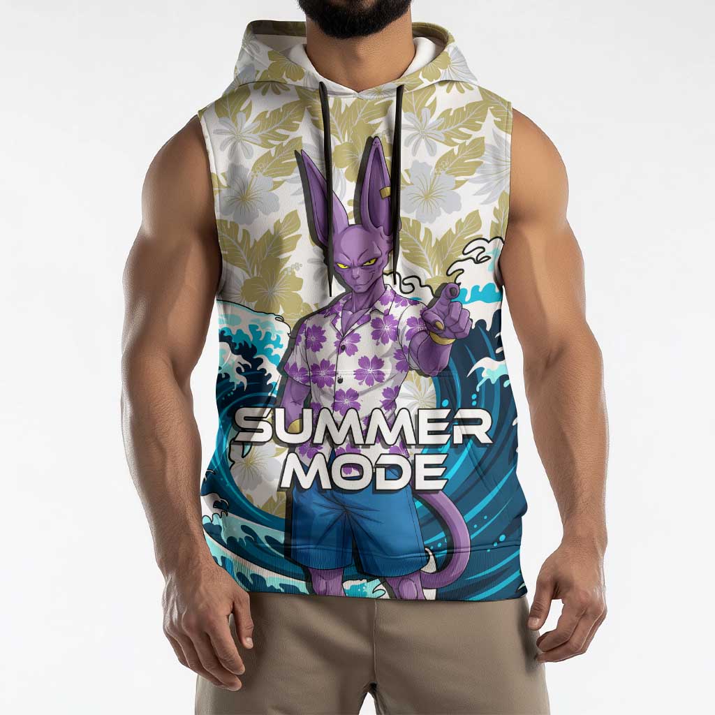 Beerus Dragon Ball Summer Theme Sleeveless Hoodie with Floral Shirt Sunglasses Shenron and Ocean Wave Background - The Mazicc