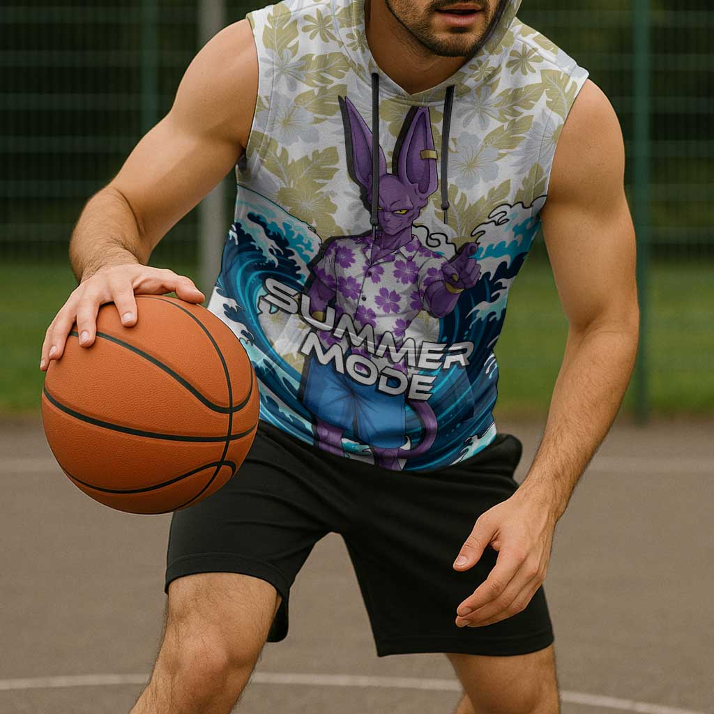 Beerus Dragon Ball Summer Theme Sleeveless Hoodie with Floral Shirt Sunglasses Shenron and Ocean Wave Background - The Mazicc