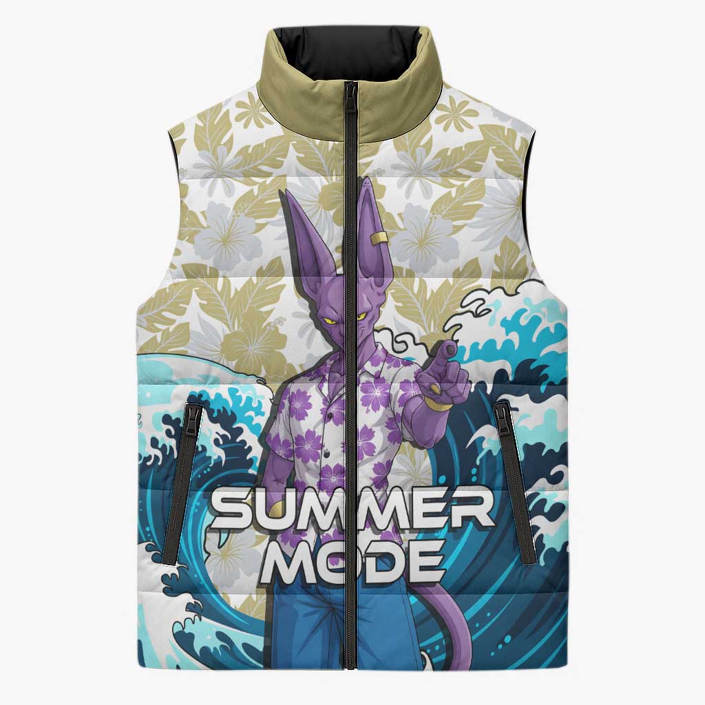 Beerus Dragon Ball Summer Theme Sleeveless Puffer Jacket with Floral Shirt Sunglasses Shenron and Ocean Wave Background - The Mazicc