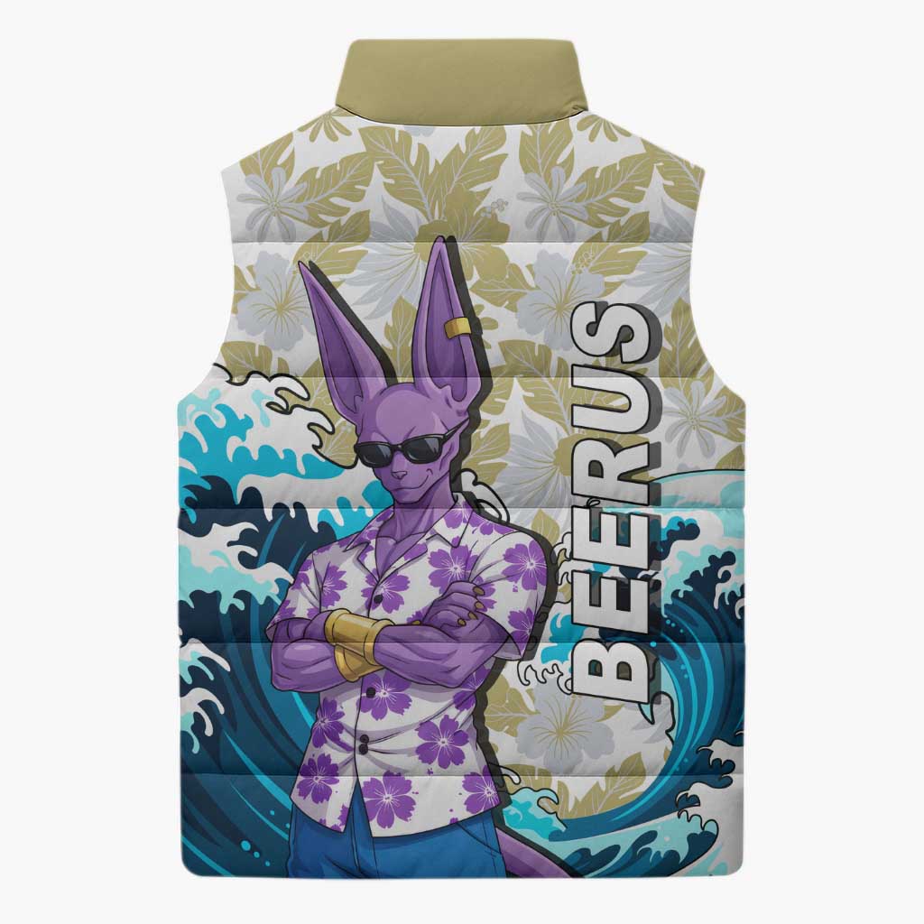 Beerus Dragon Ball Summer Theme Sleeveless Puffer Jacket with Floral Shirt Sunglasses Shenron and Ocean Wave Background - The Mazicc