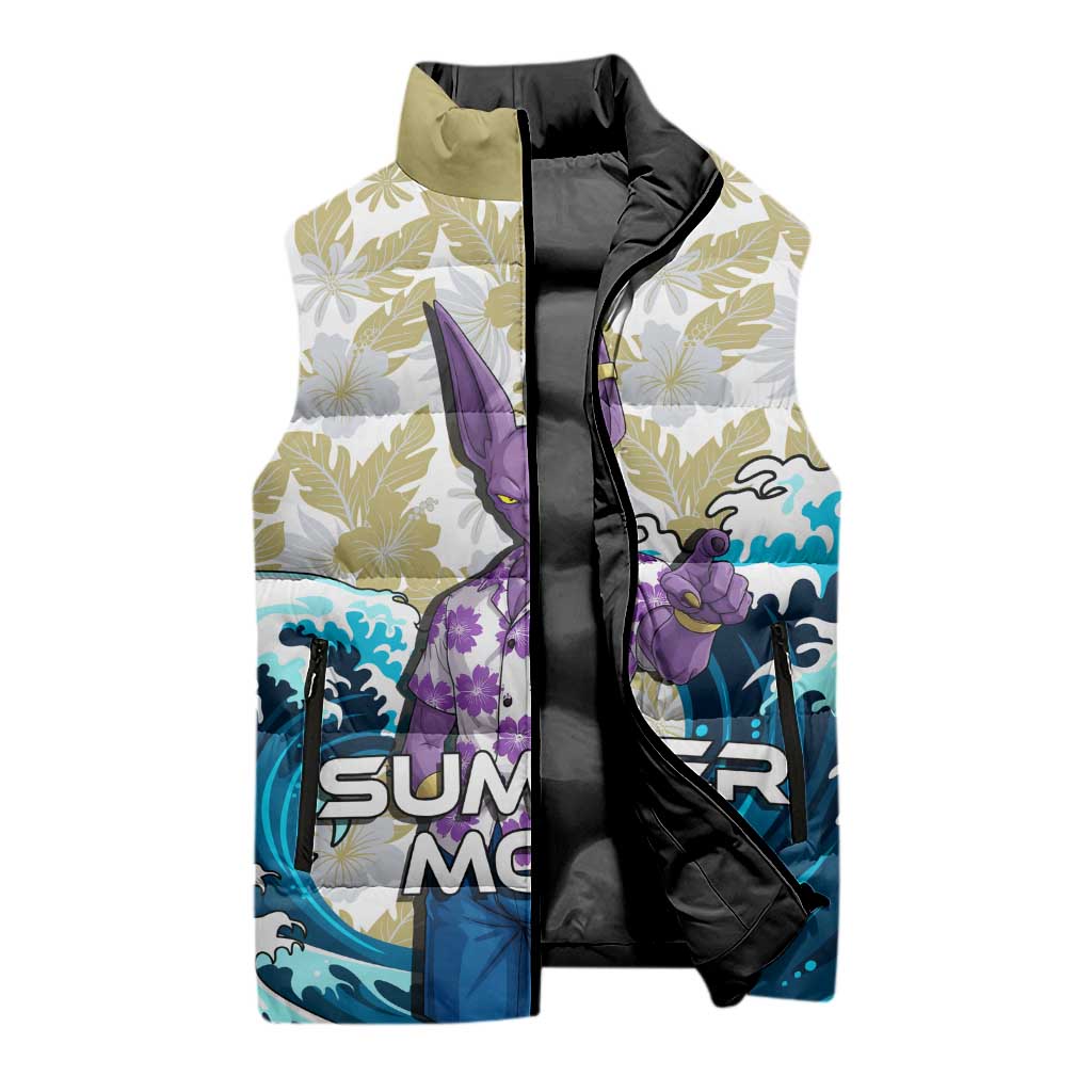 Beerus Dragon Ball Summer Theme Sleeveless Puffer Jacket with Floral Shirt Sunglasses Shenron and Ocean Wave Background - The Mazicc