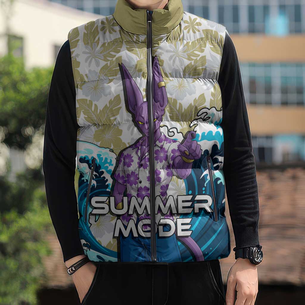 Beerus Dragon Ball Summer Theme Sleeveless Puffer Jacket with Floral Shirt Sunglasses Shenron and Ocean Wave Background - The Mazicc