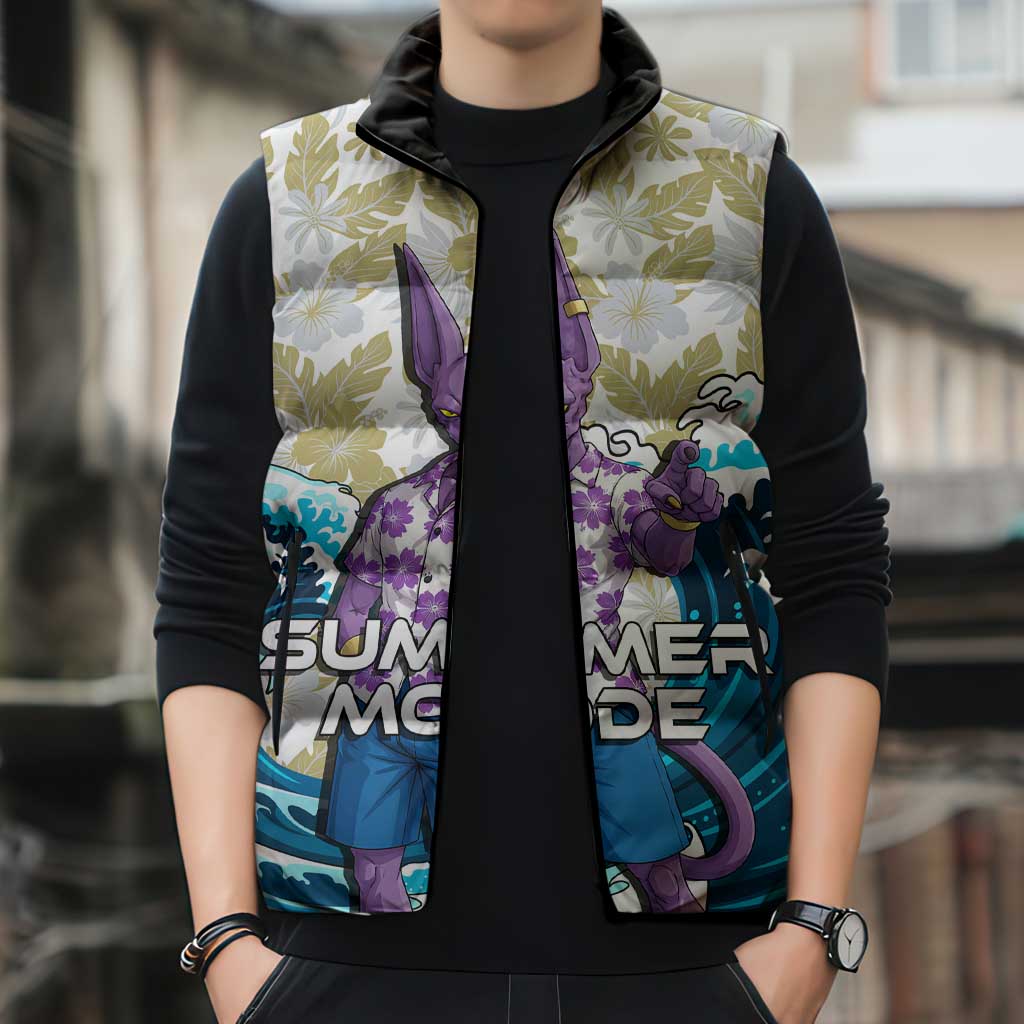 Beerus Dragon Ball Summer Theme Sleeveless Puffer Jacket with Floral Shirt Sunglasses Shenron and Ocean Wave Background - The Mazicc