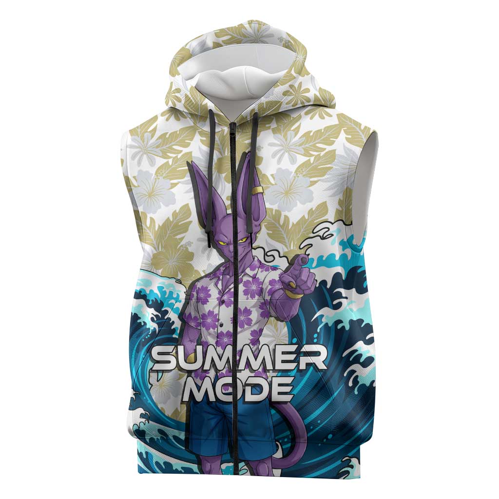 Beerus Dragon Ball Summer Theme Sleeveless Zip Hoodie with Floral Shirt Sunglasses Shenron and Ocean Wave Background - The Mazicc