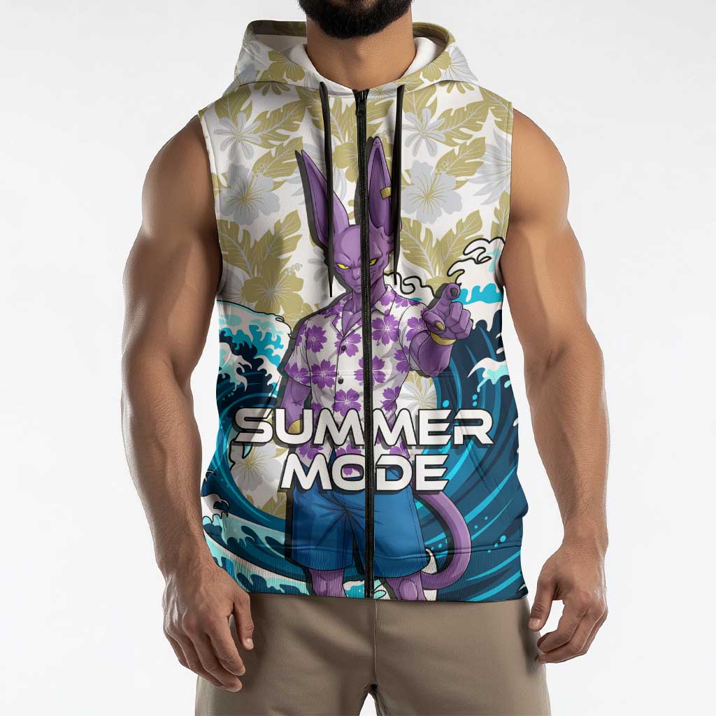 Beerus Dragon Ball Summer Theme Sleeveless Zip Hoodie with Floral Shirt Sunglasses Shenron and Ocean Wave Background - The Mazicc