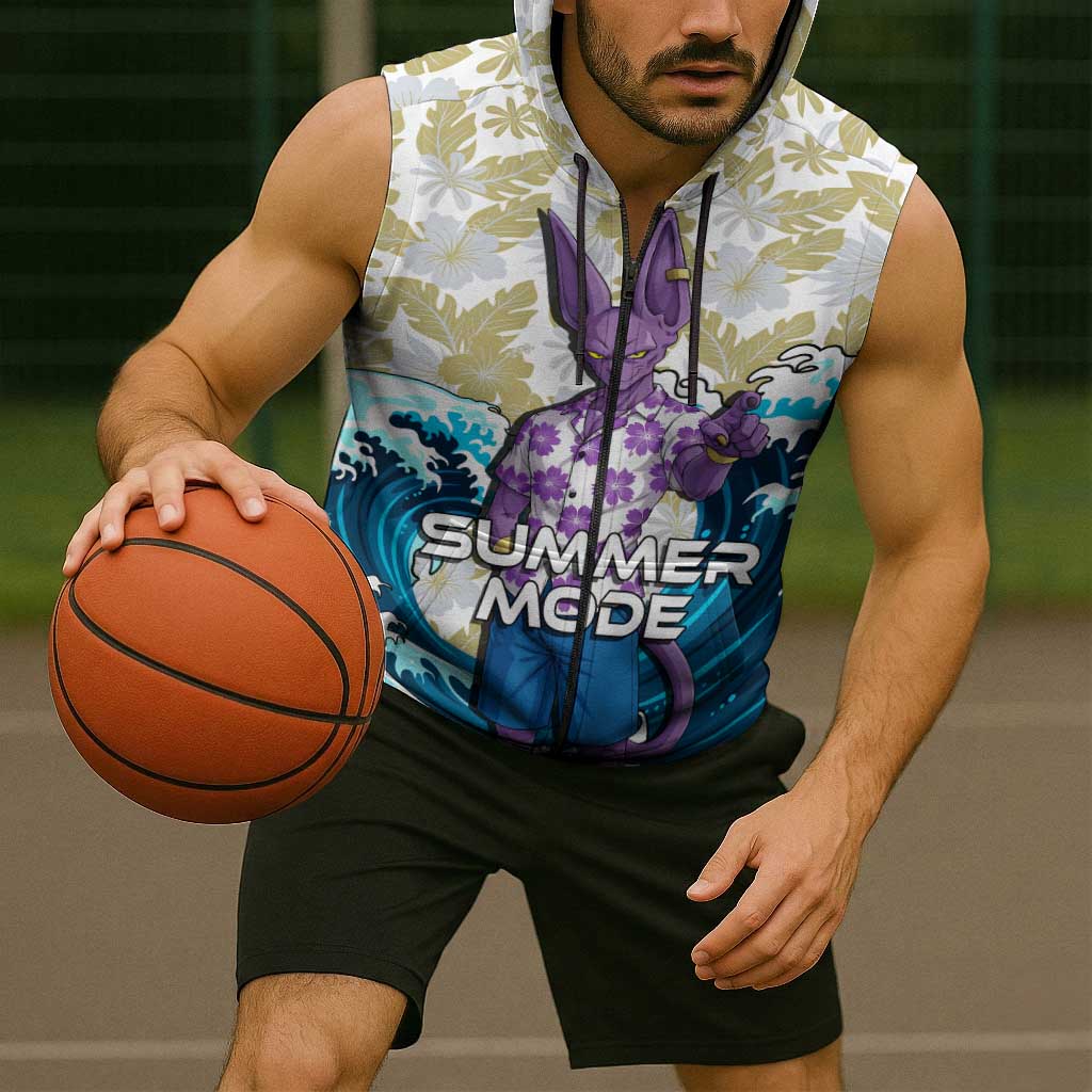 Beerus Dragon Ball Summer Theme Sleeveless Zip Hoodie with Floral Shirt Sunglasses Shenron and Ocean Wave Background - The Mazicc