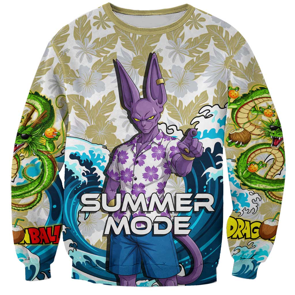 Beerus Dragon Ball Summer Theme Sweatshirt with Floral Shirt Sunglasses Shenron and Ocean Wave Background - The Mazicc