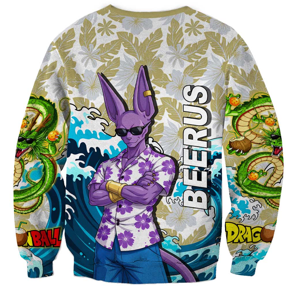 Beerus Dragon Ball Summer Theme Sweatshirt with Floral Shirt Sunglasses Shenron and Ocean Wave Background - The Mazicc