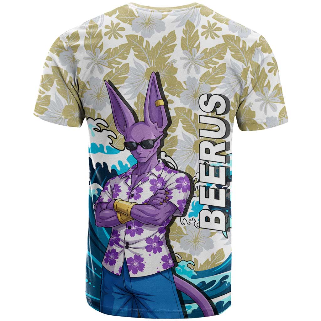 Beerus Dragon Ball Summer Theme T Shirt with Floral Shirt Sunglasses Shenron and Ocean Wave Background - The Mazicc