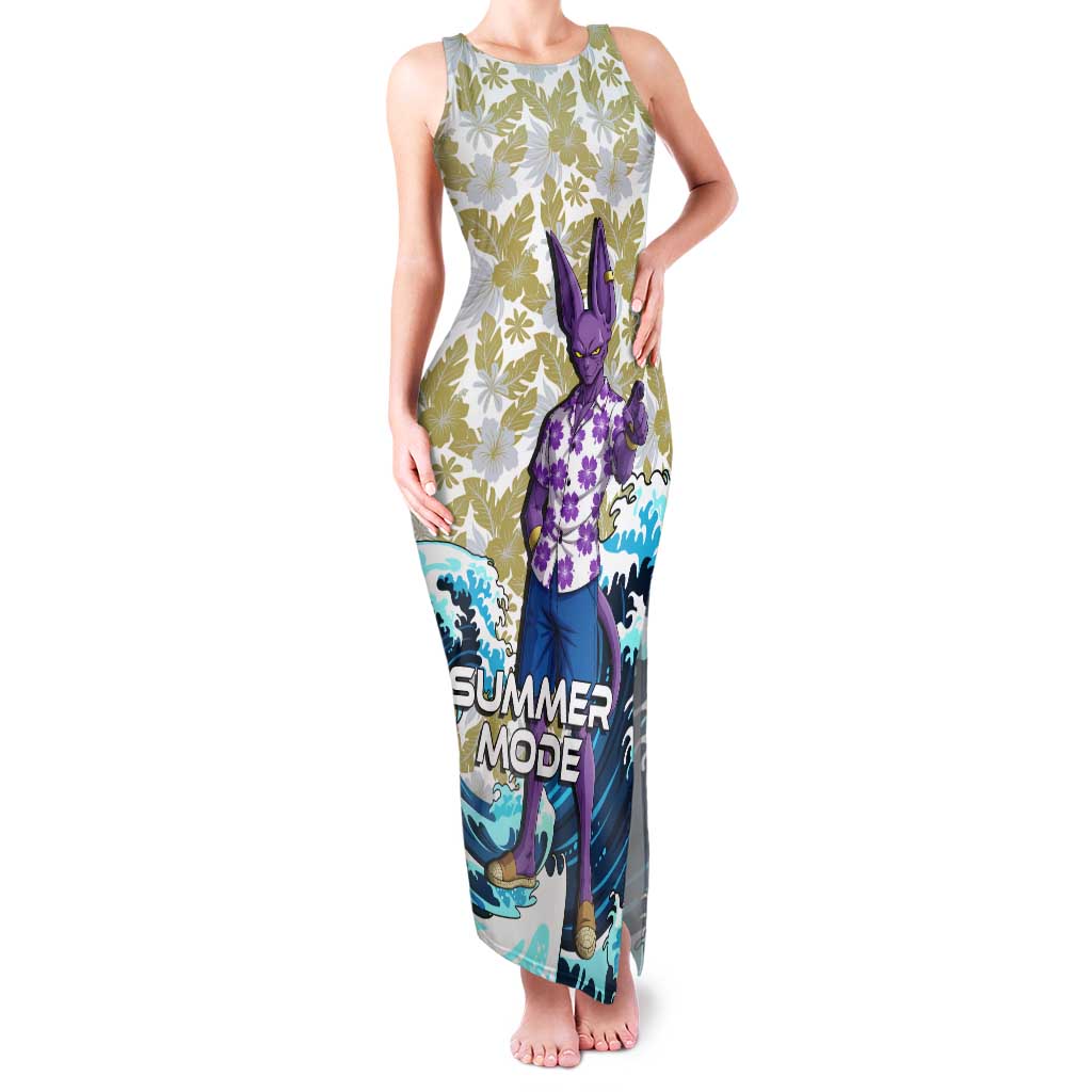 Beerus Dragon Ball Summer Theme Tank Maxi Dress with Floral Shirt Sunglasses Shenron and Ocean Wave Background - The Mazicc